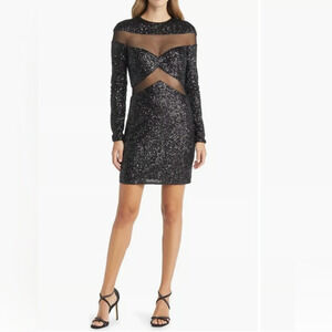 SHO by Tadashi Shoji Mesh Panel Sequins Black Sheath Dress size Small New